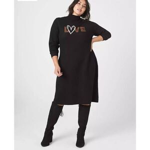 Lane Bryant Womens 14/16 Turtleneck Love Graphic Sweater Dress Black NWOT)